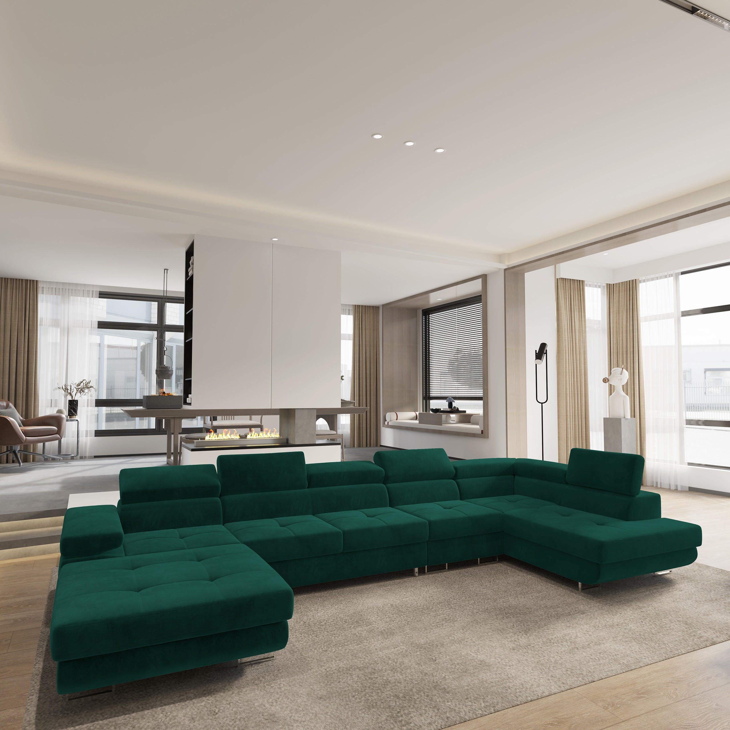 WOHNLANDSCHAFT VELORA R-S Grün Velours-Stoff mit Schlaffunktion - Grün, Holz (419/90/202cm) - MASSENO