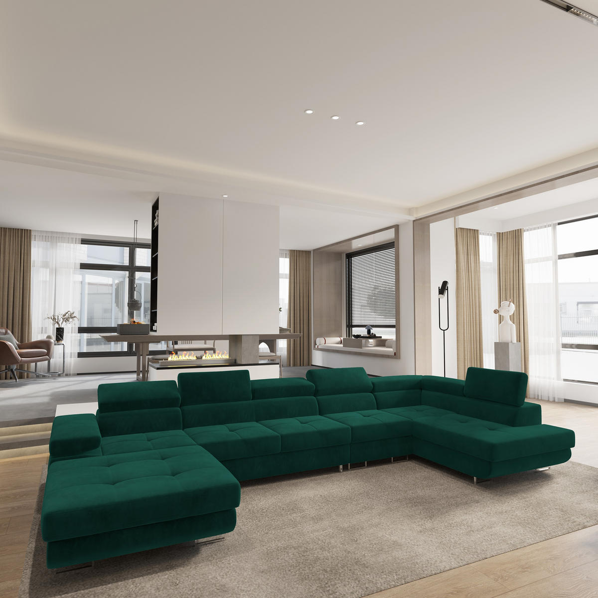 WOHNLANDSCHAFT VELORA R-S Grün Velours-Stoff mit Schlaffunktion - Grün, Holz (419/90/202cm) - MASSENO