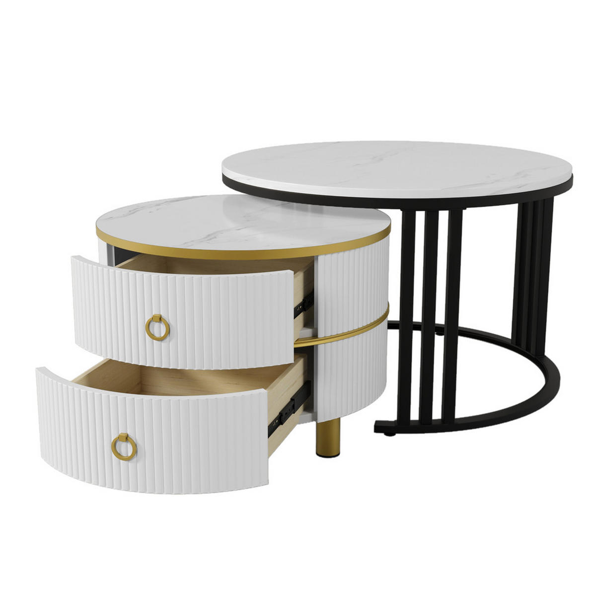 COUCHTISCH 2-in-1 Rund Hochglanz 2 Schubladen Schwarz-Weiß Gold - Weiß, Holz (81.5/78.5/14cm) - FLIEKS