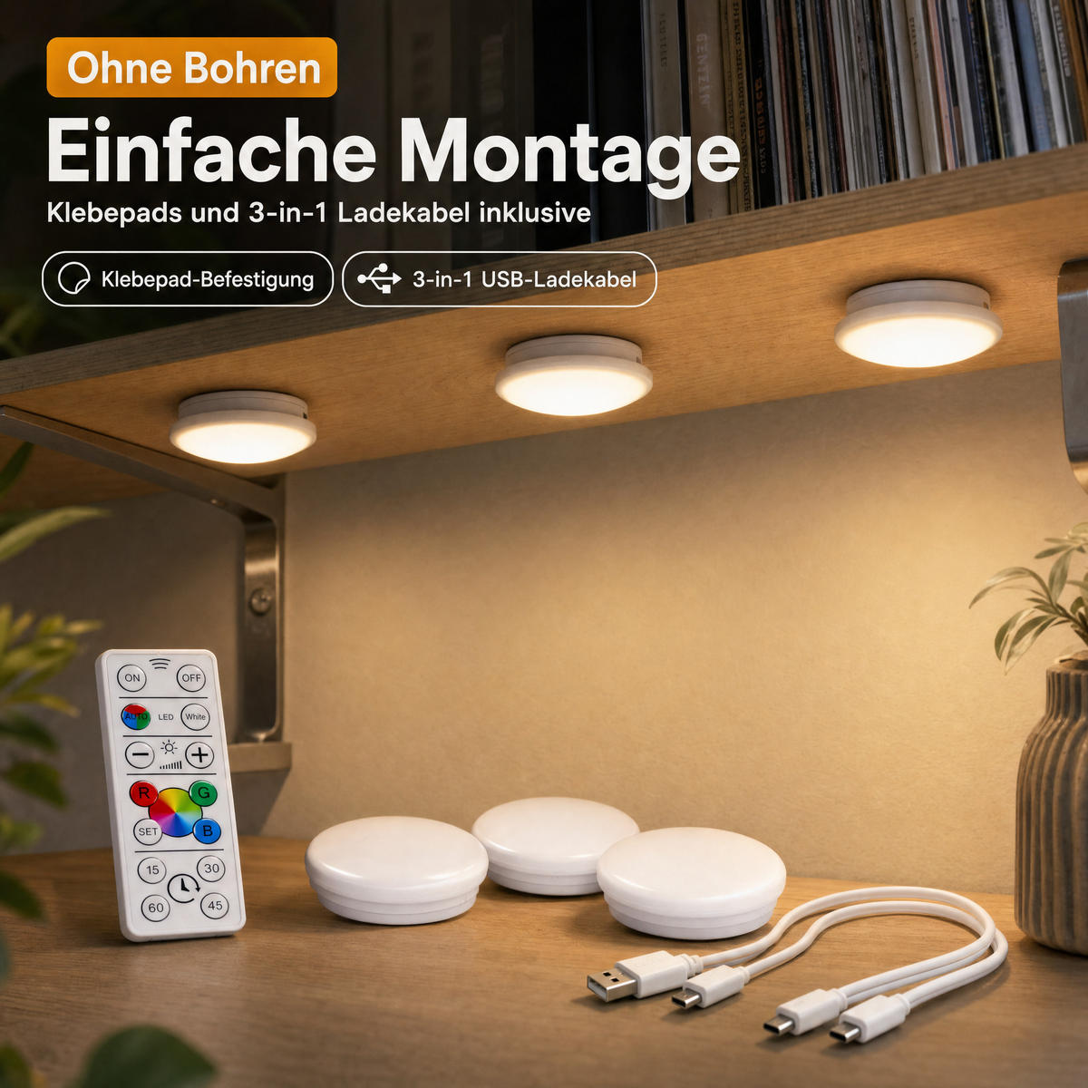 LED-SPOT-SET Northpoint 3er RGB & Warmweiß wiederaufladbar dimmbar mit Fernbedienung & Timer - Weiß, Kunststoff (3.6/7.8/7.8cm) - Northpoint