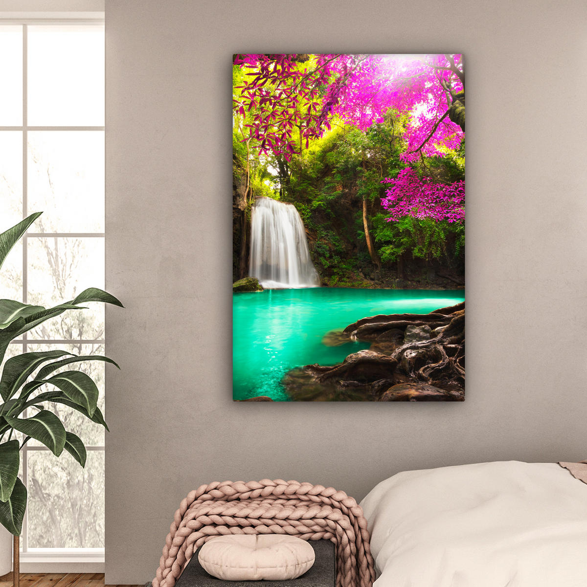 LEINWANDBILD Wasserfall mit bunten Blumen und Bäumen - Natur - Dschungel 80x120 cm - Waldgrün, Textil (80/120cm) - MuchoWow