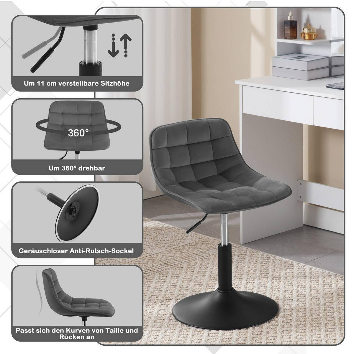 BARHOCKER Mehrzweck 360° Schwenken Samt, Dunkelgrau - Dunkelgrau/Schwarz, Textil/Metall (42.5/72/45cm) - Woltu