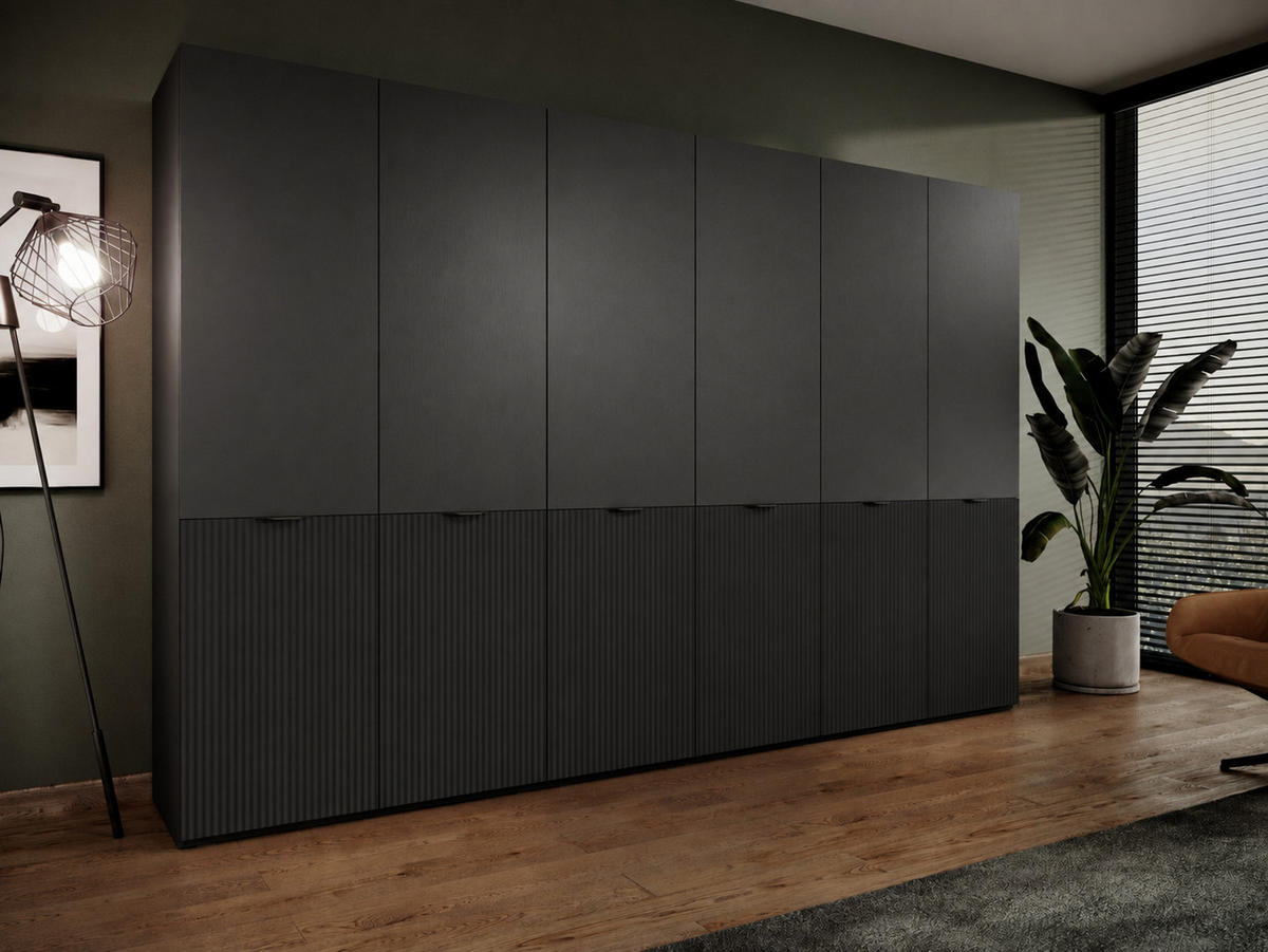 KLEIDERSCHRANK ZEN (Modular, Schwarz Matt, Rillenfront, 6-türig) - Schwarz, Holz/Holzwerkstoff (303/200/51cm) - Ravio