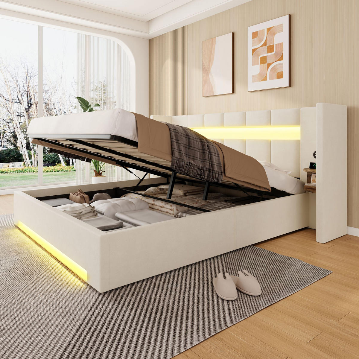ČALOUNĚNÁ POSTEL 160/200 cm v béžové barvě s úložným prostorem, LED a USB - béžová, kov/kompozitní dřevo (160/200cm) - CHICFURN
