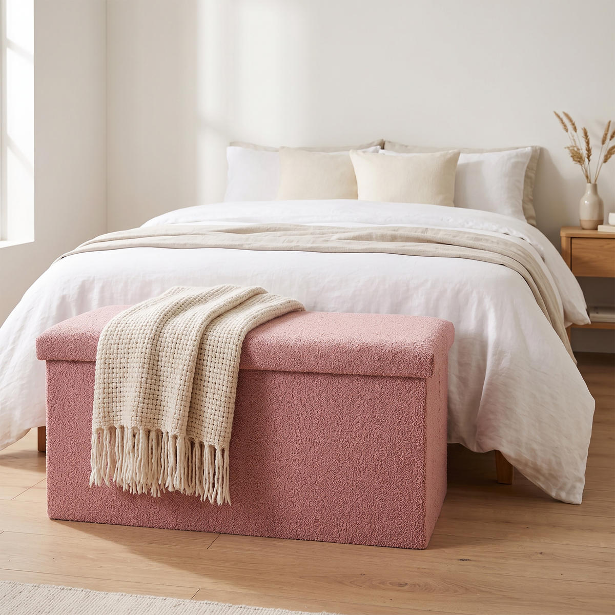 BÄNK Gammelrosa teddytyg förvaring - Pink, Träbaserade material/Textil (76/38/38cm) - Relaxdays