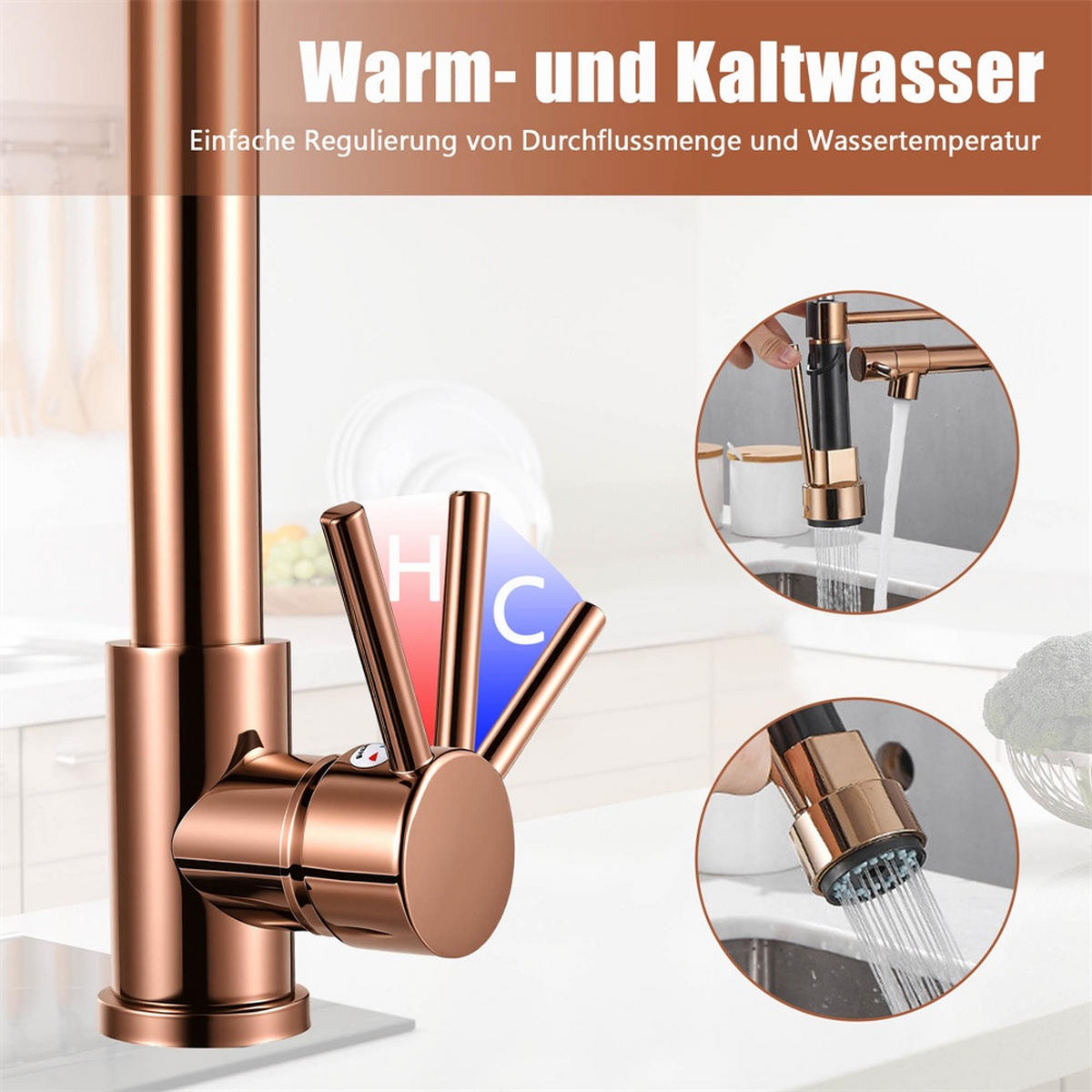 KÜCHENARMATUR ausziehbar mit Federführung 360° drehbar Spültischarmatur Mischbatterie - Roségold - Roségold, Metall (17.5/46/4.5cm) - DELFA