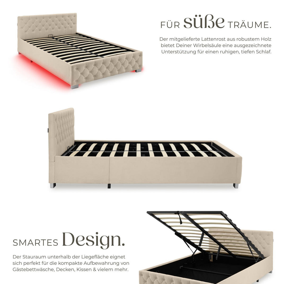 POLSTERBETT Venice, großer Stauraum, Samtoptik sand - Gelb/Samtahornfarben, Holz (140/200cm) - tectake