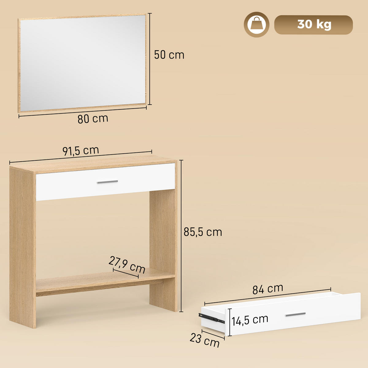 KONSOLENTISCH DE-16824 1 Schublade + Ablage, 91,5 cm Eiche - Eichefarben, Holzwerkstoff (91.5/27.9/85.5cm) - ComfortXL