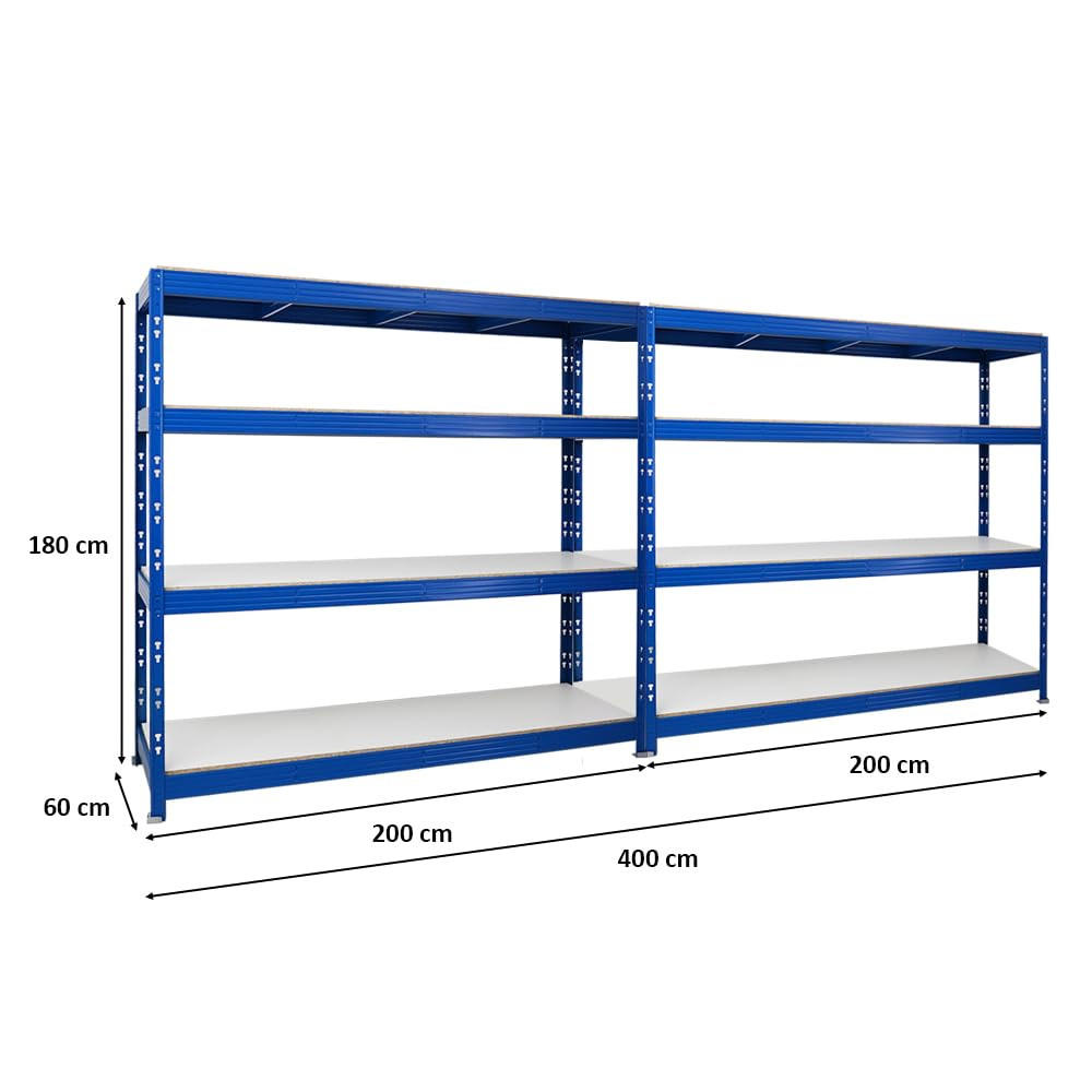 SCHWERLASTREGAL Rhino 2er-Set mit 2x 180x200x60 cm 4 Melamin-Ebenen 16mm Fachlast 500 kg Blau - Blau, Metall (400/180/60cm) - PROREGAL