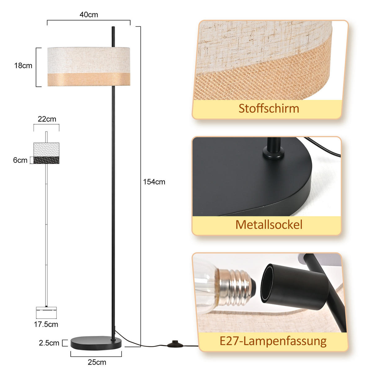 STEHLAMPE Nox 40/25/154 cm - Weiß, Metall (40/25/154cm) - ZMH
