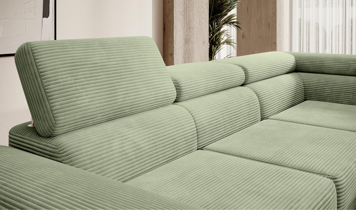 ECKSOFA Stevil Salbeigrün Cordbezug - Salbeigrün/Silberfarben, Textil/Metall (275/203cm) - Selsey