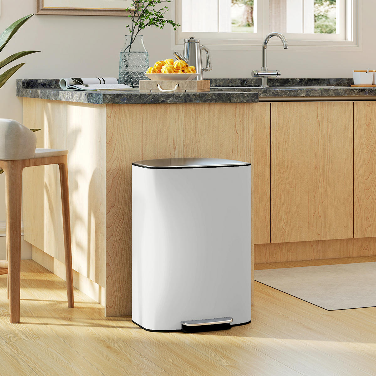 MÜLLEIMER SENSOR Küche 50 Liter Treteimer Soft-Close Edelstahl-Deckel Cremeweiß - Creme, Metall (36.5/62.2/45.1cm) - Rolipo