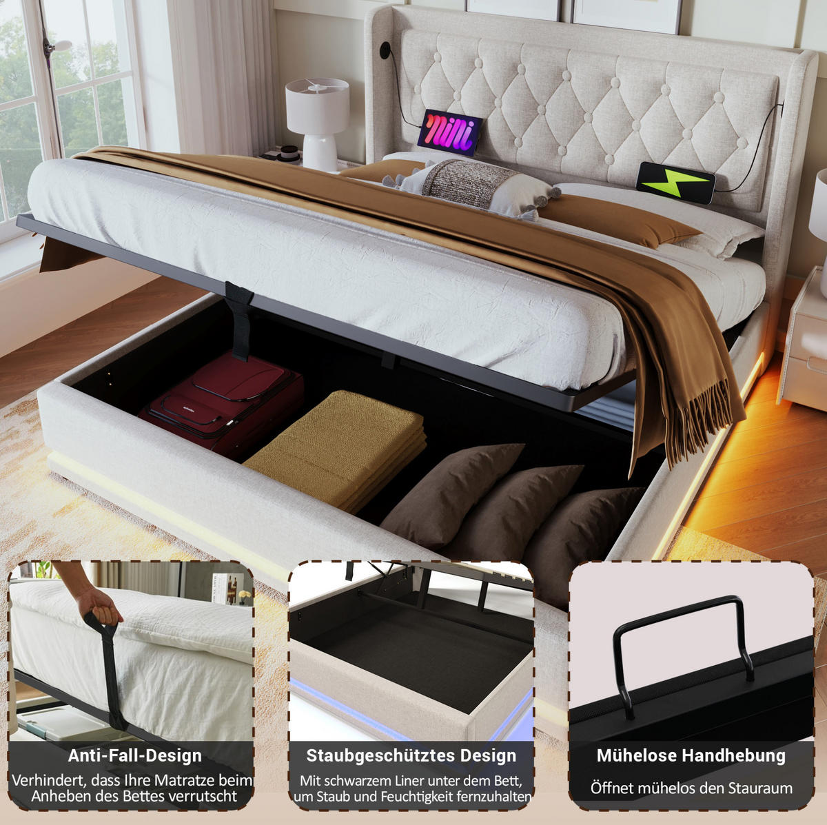 POLSTERBETT 140/200 cm Beige aus Baumwolle mit Stauraum, LED und USB Typ-C - Beige, Textil (140/200cm) - OKMYHOME