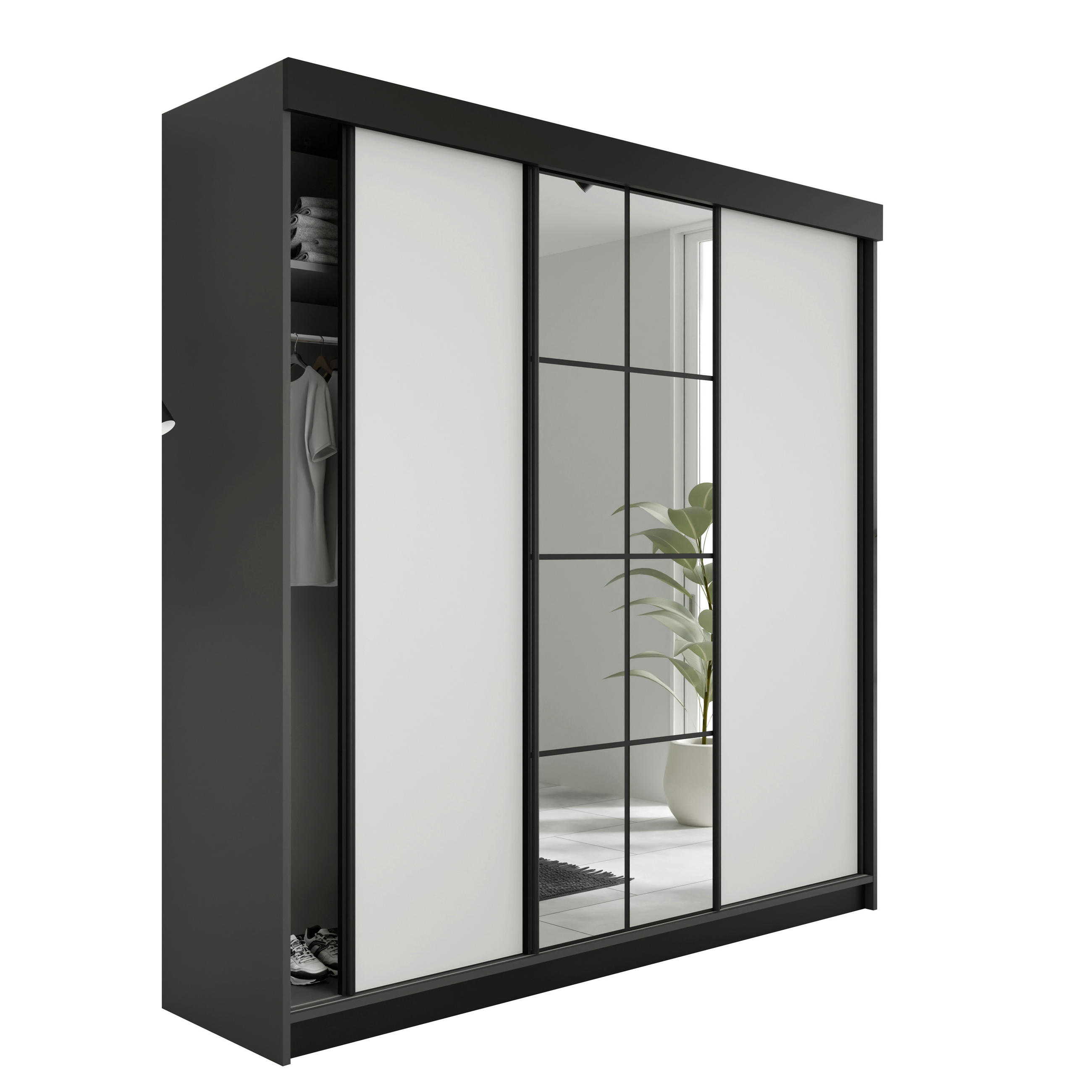 SCHIEBETÜRENSCHRANK LAMARO - 200x205x59cm - Graphit & Weiß - Graphitfarben/Weiß, Holzwerkstoff (200/205/59cm) - Kier Furniture