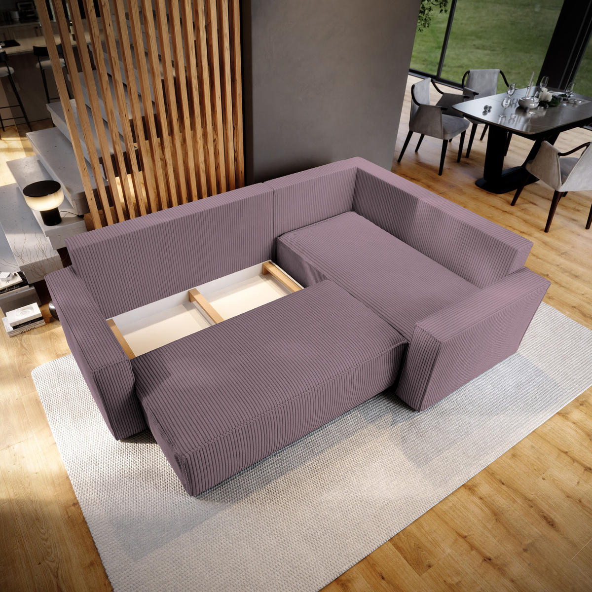 ECKSOFA ESTANO R-S Lila Kordstoff mit Schlaffunktion - Lila, Holz (230/158cm) - MASSENO