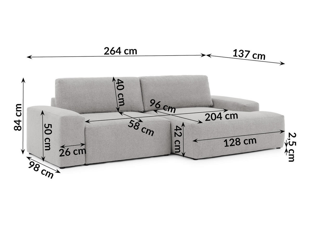 ECKSOFA Lennon aus Hellgrau Strukturstoff mit Schlaffunktion und Bettkasten - Hellgrau/Schwarz, Holz/Kunststoff (264/137cm) - S-Style