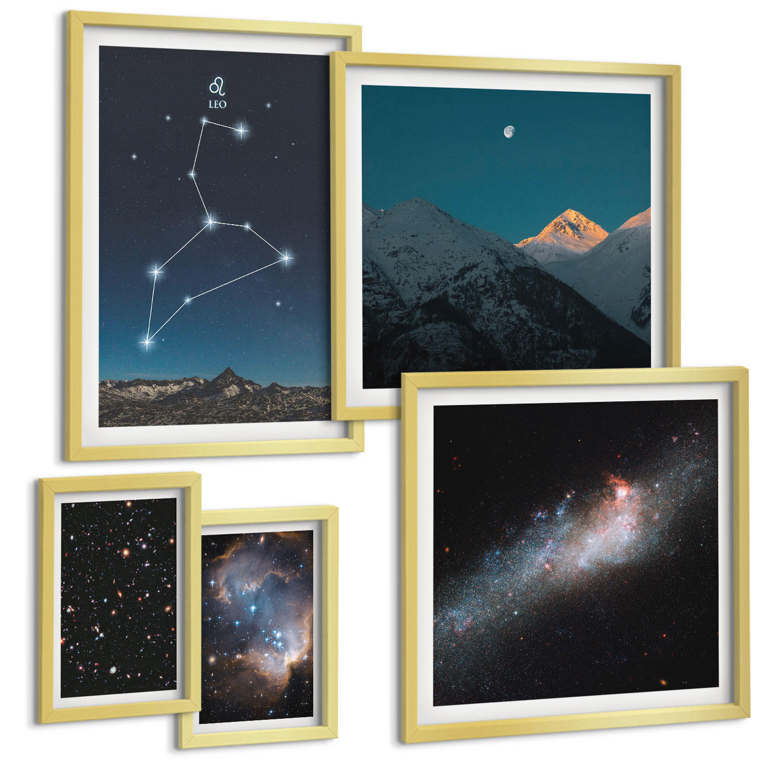 BILDER SET 5er Set - 50x50 cm & 20x30 cm & 40x60 cm Goldrahmen - Leo-Galaxie und Weltraum - Goldfarben, Kunststoff (40/60cm) - TULUP
