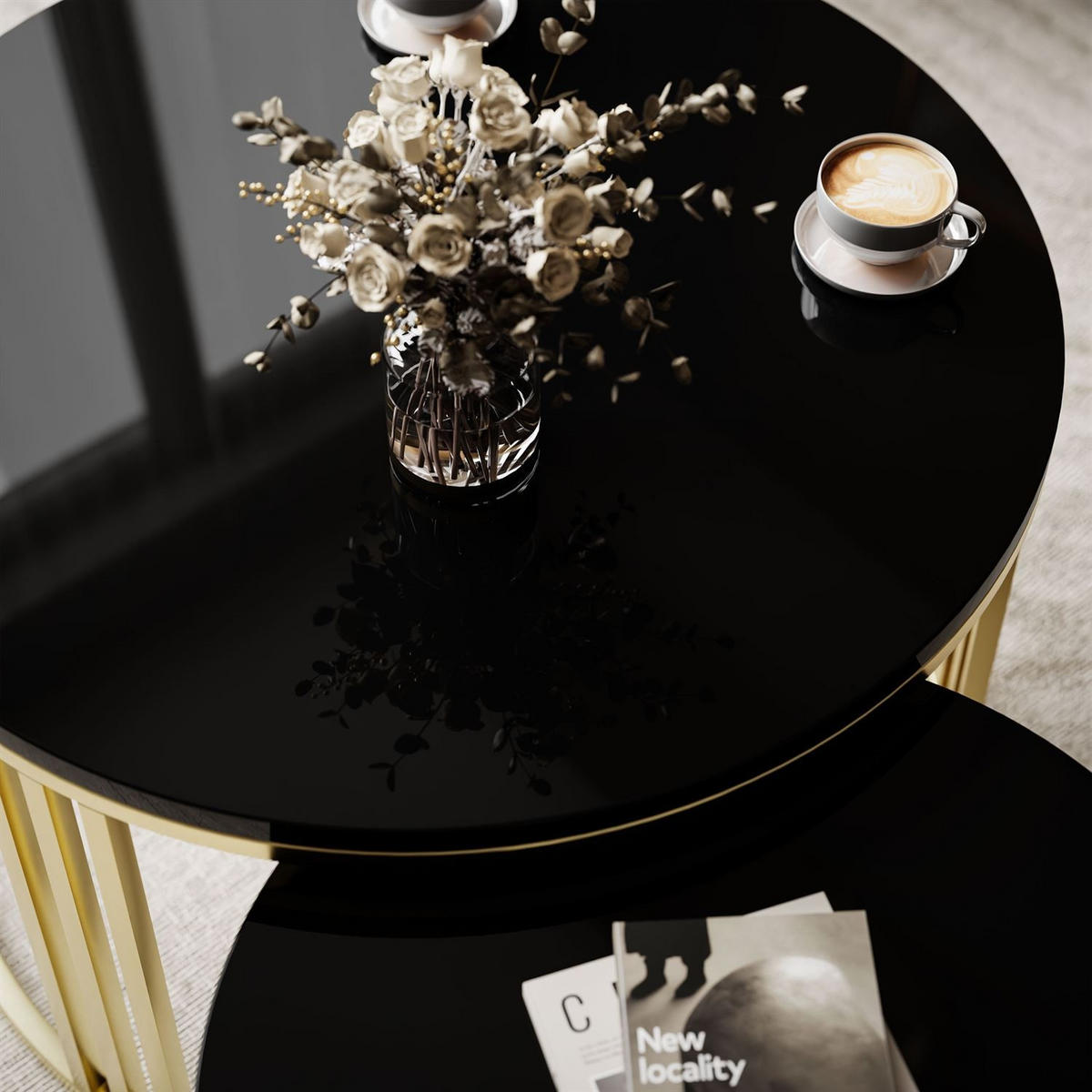 COUCHTISCH 2in1 LORI Hochglanz Gold gebürstet, Gold gebürstet / Schwarz glänzend - Schwarz, Metall (70/70/49cm) - Lookway