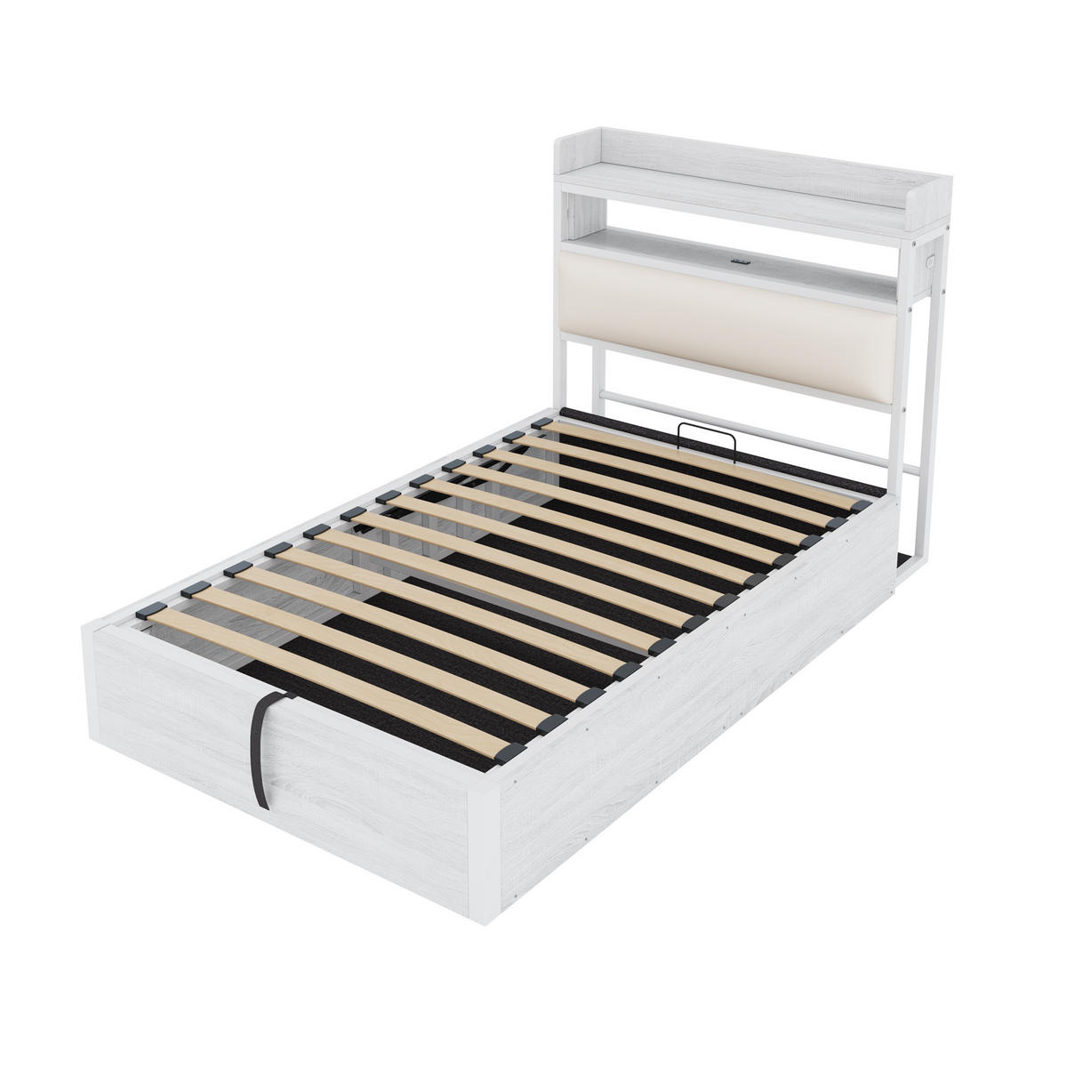 POLSTERBETT 90/200 cm mit Bettkasten, USB und gepolstertem Kopfteil - Weiß, Metall (90/200cm) - BEAOK