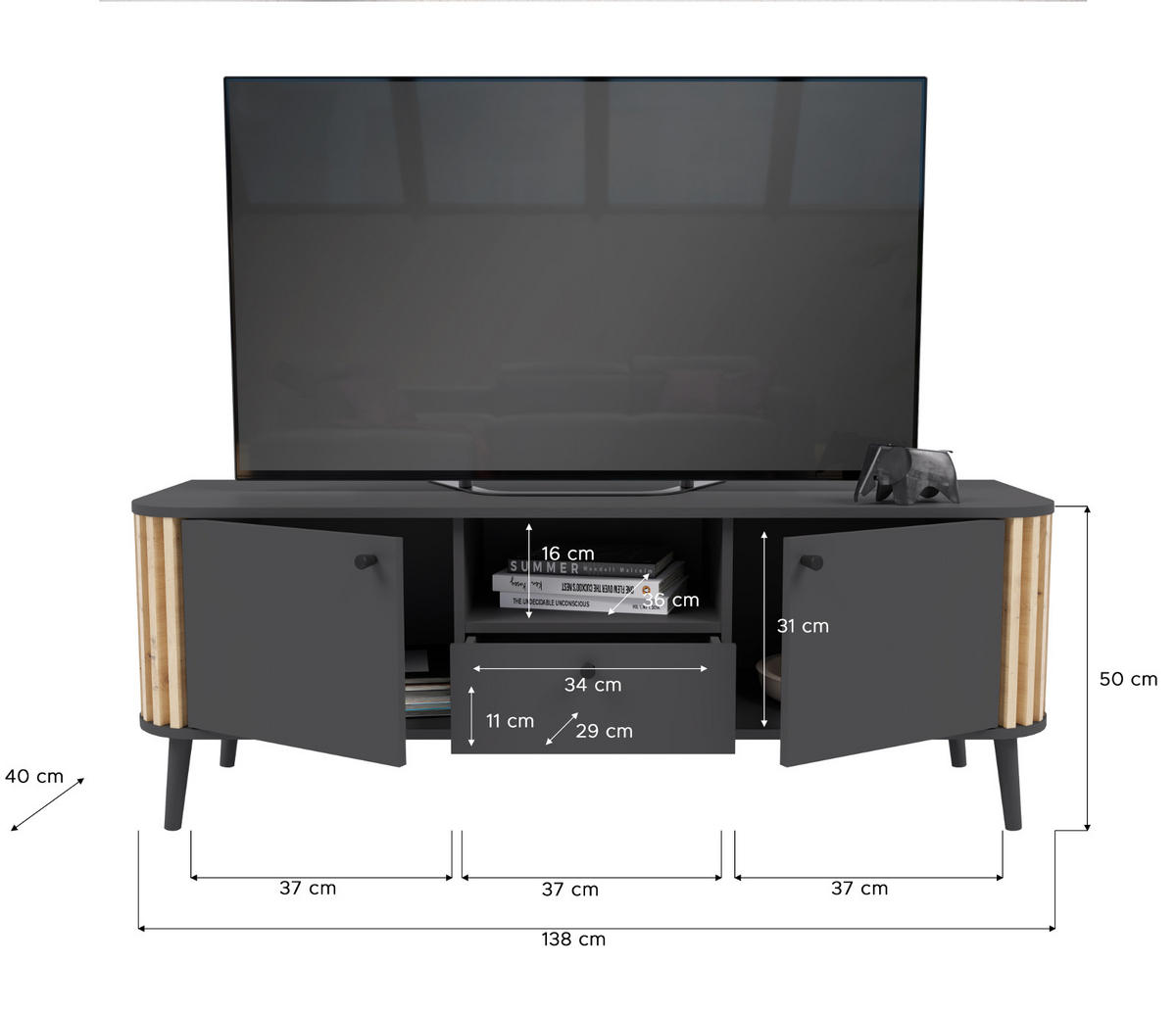 TV-LOWBOARD grau, Eiche Artisan 138 cm, Fernsehtisch mit 3D-Lamellen - Dunkelgrau/Schwarz, Holzwerkstoff/Metall (138/50/40cm) - Inn.Furn