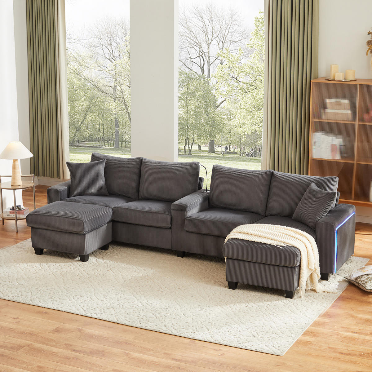 SOFA, U-Form, 2 Hocker, LED-Beleuchtung, Grau, 334x128.5x81cm - Grau, Textil (128.5/81/334cm) - FLIEKS