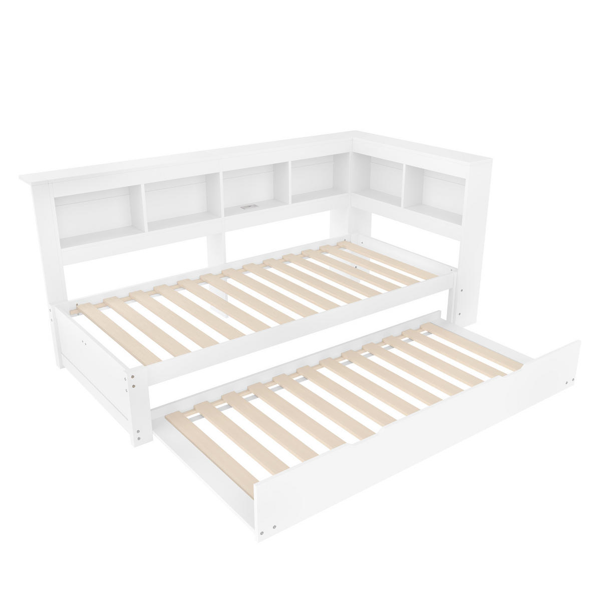 POLSTERBETT aus Kiefernholz 90x200 cm in Weiß mit Ausziehbett & USB-Anschlüssen - Weiß, Holz (90/200cm) - Modfu