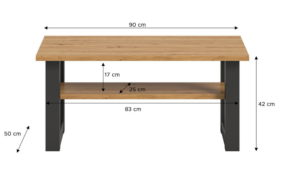 COUCHTISCH Eiche, grau 90 x 50 cm, Wohnzimmertisch mit Ablage - Dunkelgrau/Eiche Artisan, Holzwerkstoff/Metall (90/50/42cm) - Inn.Furn