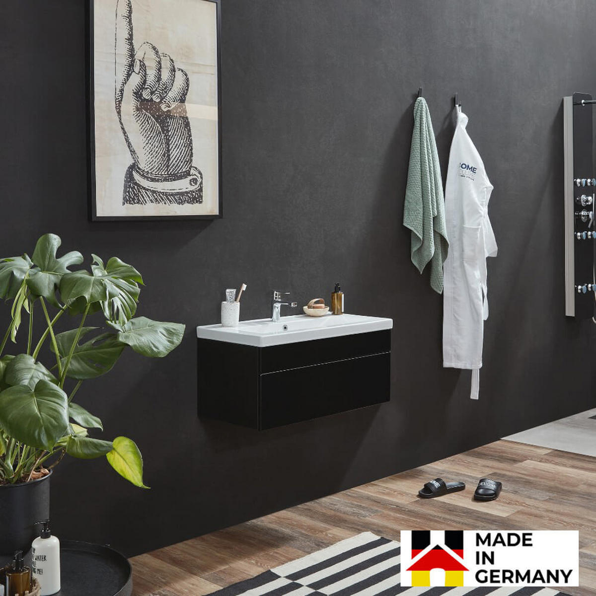 BADMÖBEL Komplettset WANGEROOGE BIG S - Schwarz Made in Germany - Schwarz, Holz/Keramik (33/41/80cm) - Home Deluxe