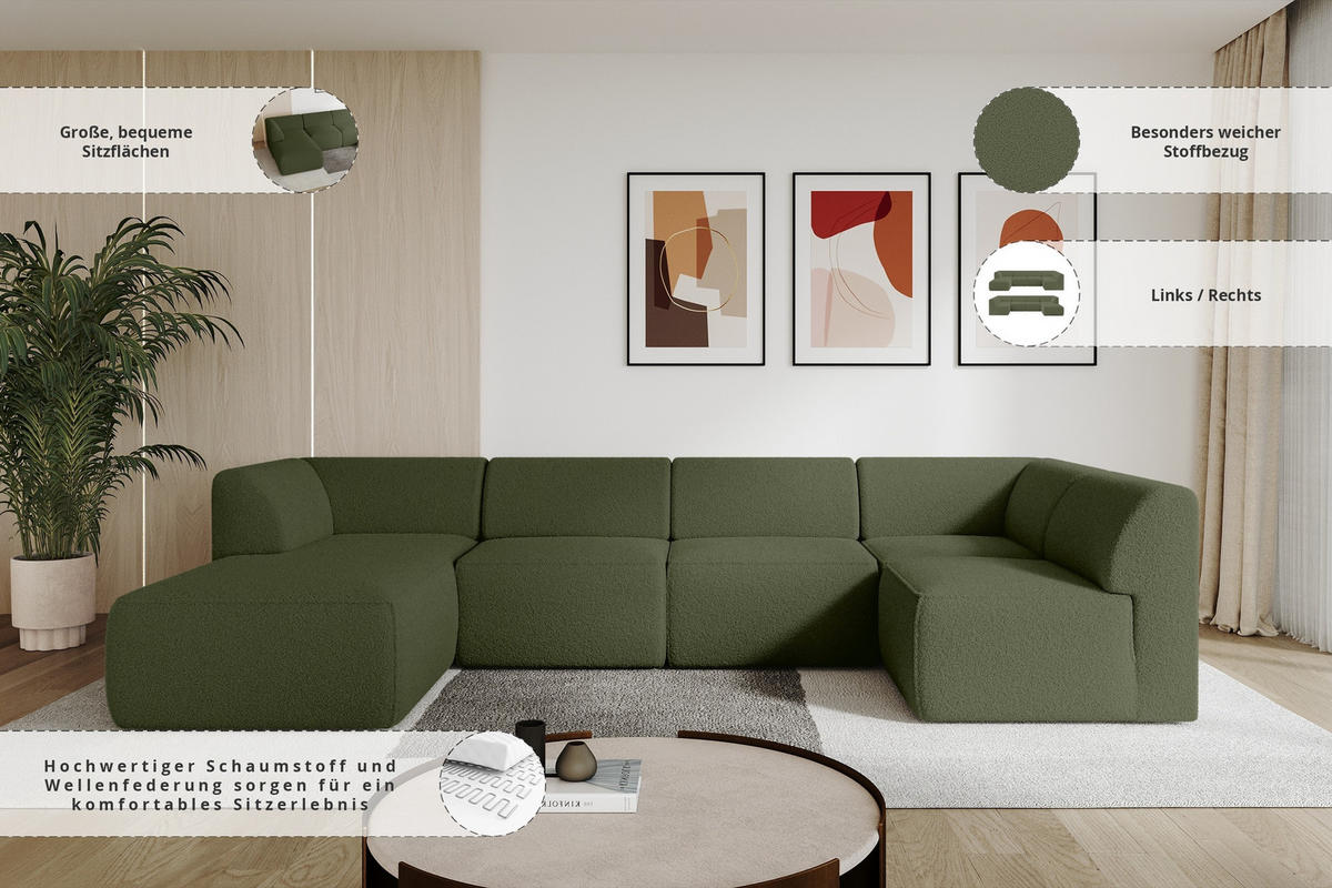 WOHNLANDSCHAFT Ottomane Links MOVA 345x180x78 Grün Bouclé - Schwarz/Grün, Holzwerkstoff/Kunststoff (180/78/345cm) - ALTDECOR