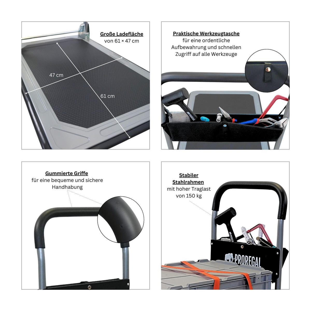 PLATTFORMWAGEN Transportwagen Rhino 150kg klappbar mit Gummiräder und Werkzeugtasche - Schwarz, Metall (73/47/83cm) - PROREGAL