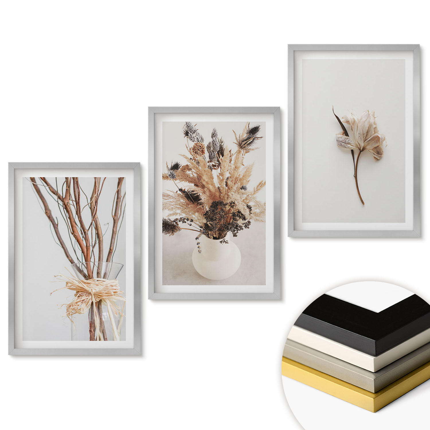WANDBILDER 3er Set - 40x60 cm Silberner Rahmen - Blumenzweige minimalistisch - Silberfarben, Kunststoff (40/60cm) - ArtPrintCave