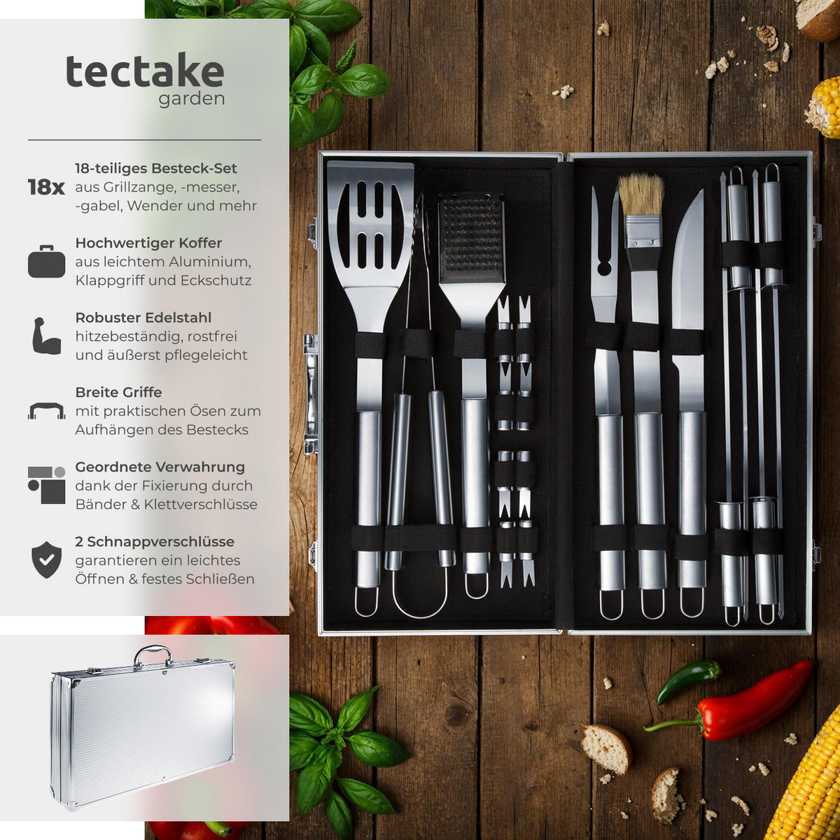 GRILLBESTECK ,inklusive Aluminiumkoffer,grau - Grau, Metall (47cm) - tectake