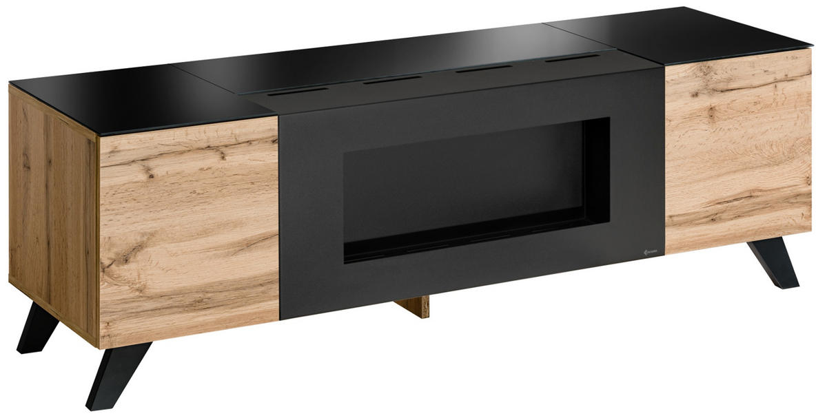 TV-LOWBOARD Wotan Eiche, schwarz 150 cm, TV unterteil mit Kamin - Eichefarben/Schwarz, Holz/Holzwerkstoff (150/47/46cm) - Inn.Furn