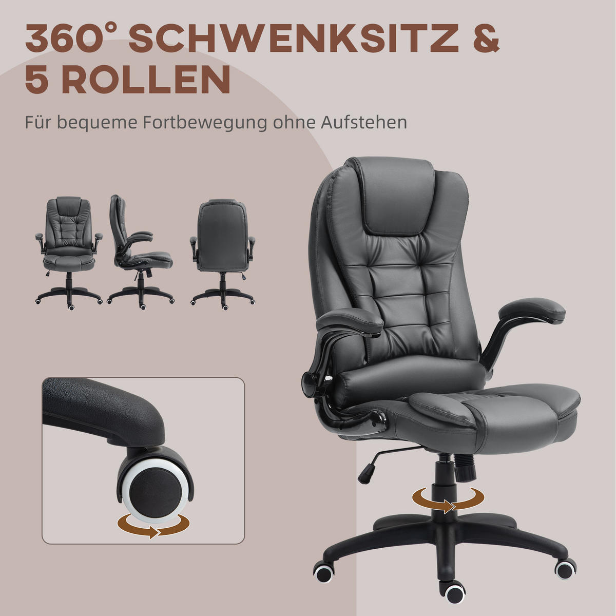 BÜROSTUHL, Ergonomisch Chefsessel mit Wippfunktion, Hochklappbare Armlehne - Dunkelgrau, Kunststoff (69/121/60cm) - HOMCOM