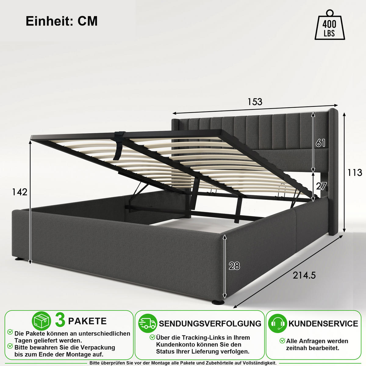 POLSTERBETT 140/200 cm in Grau Leinen mit Bettkasten und Matratze - Grau, Holzwerkstoff/Textil (140/200cm) - CHICFURN