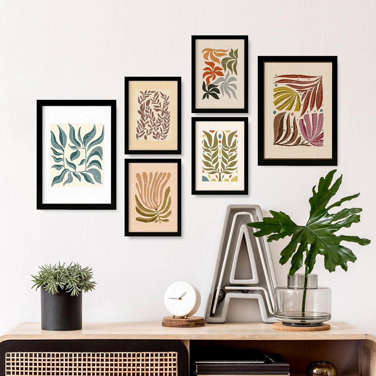 POSTER Set Mit 6 Drucken Von Blättern In Der Sammlung Ethnischer Ästhetische Dekorative Rahmen Für Ihr Zuhause Wandkunstdruck A3 & A4 Schwarzer Rahmen - Schwarz, Papier (29/3cm) - Nacnic