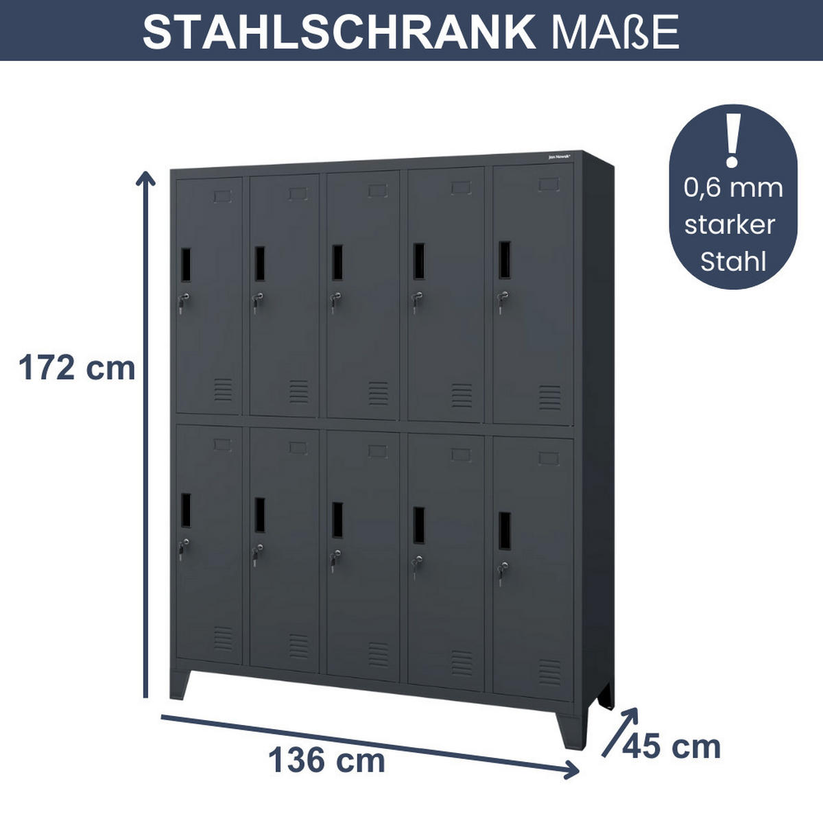 UMKLEIDESCHRANK Spind BERLIN 10 Abteile 172x136x45cm Anthrazit - Anthrazit, Metall (136/172/45cm) - DELUKE