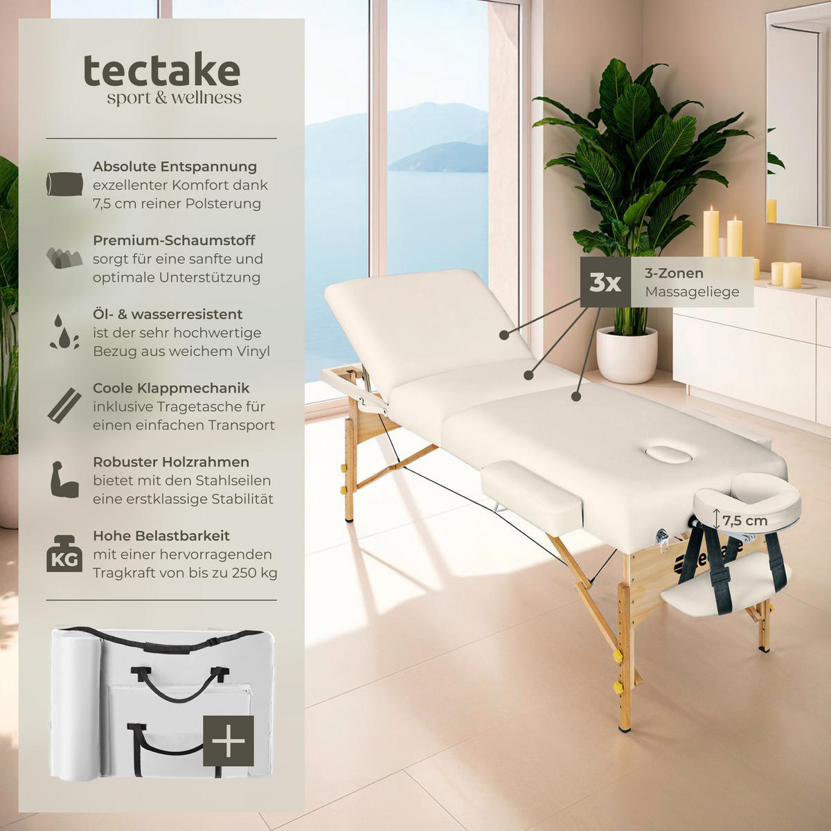 MASSAGELIEGE 3 Zonen Somwang,218 x 102 x 90 cm,beige - Beige, Holz (102/90/218cm) - tectake