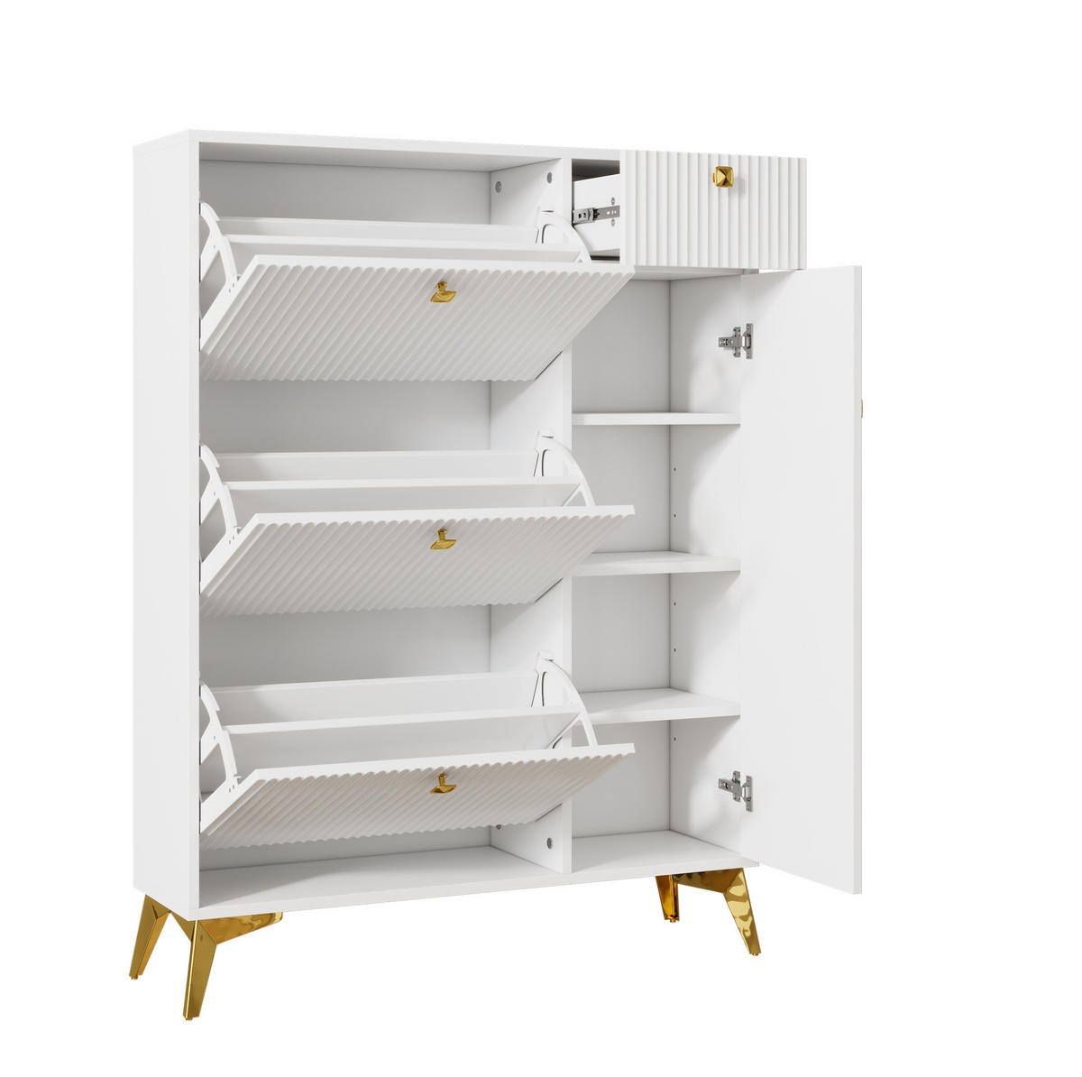 SCHUHSCHRANK 90/25/121 cm mit 3 Klappen, 1 Schublade und 1 Tür in Weiß - Weiß, Holzwerkstoff (90/121/25cm) - BEAOK