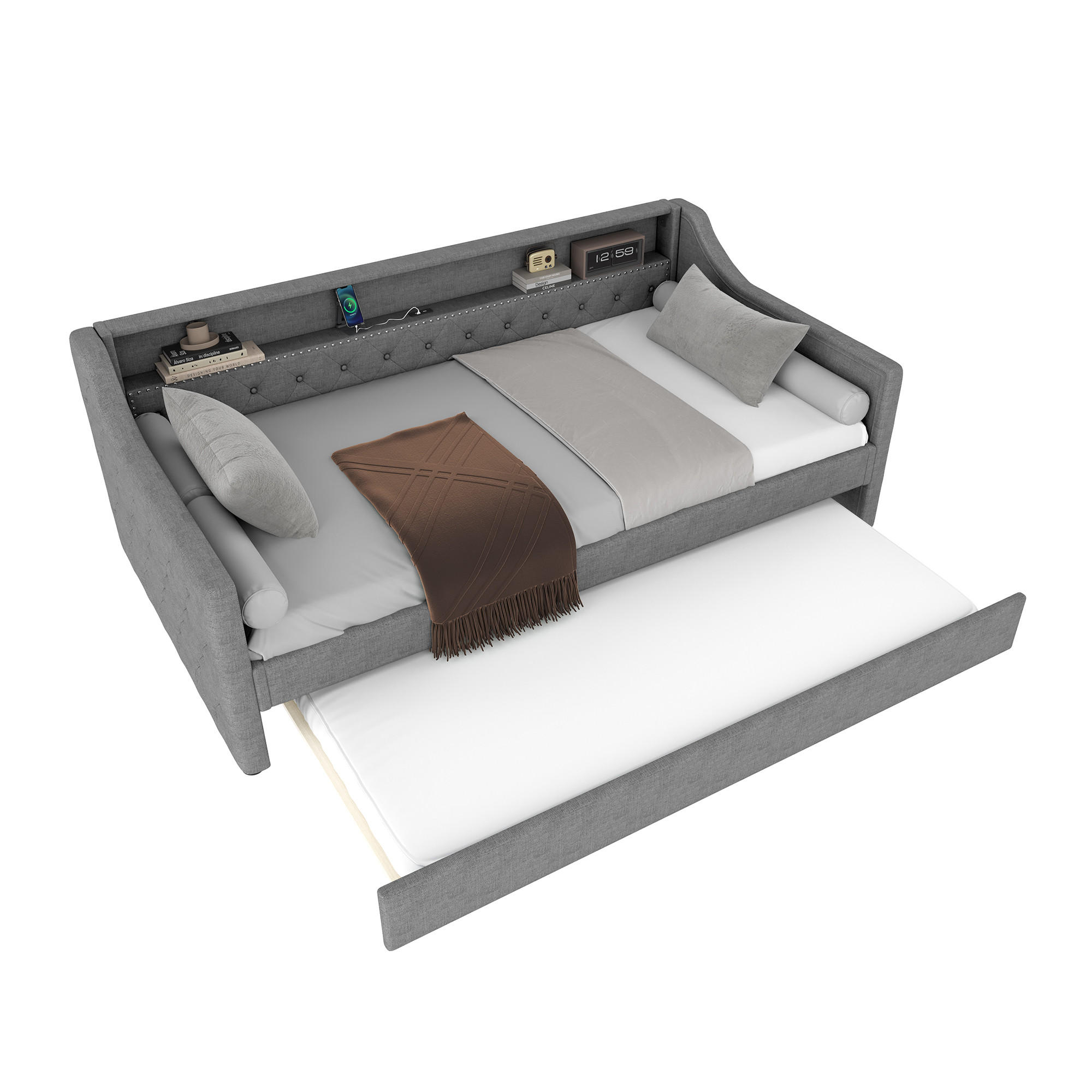 POLSTERBETT aus Leinen 90x200 cm in Grau mit LED & USB & Ausziehbett - Grau, Textil (90/200cm) - Modfu