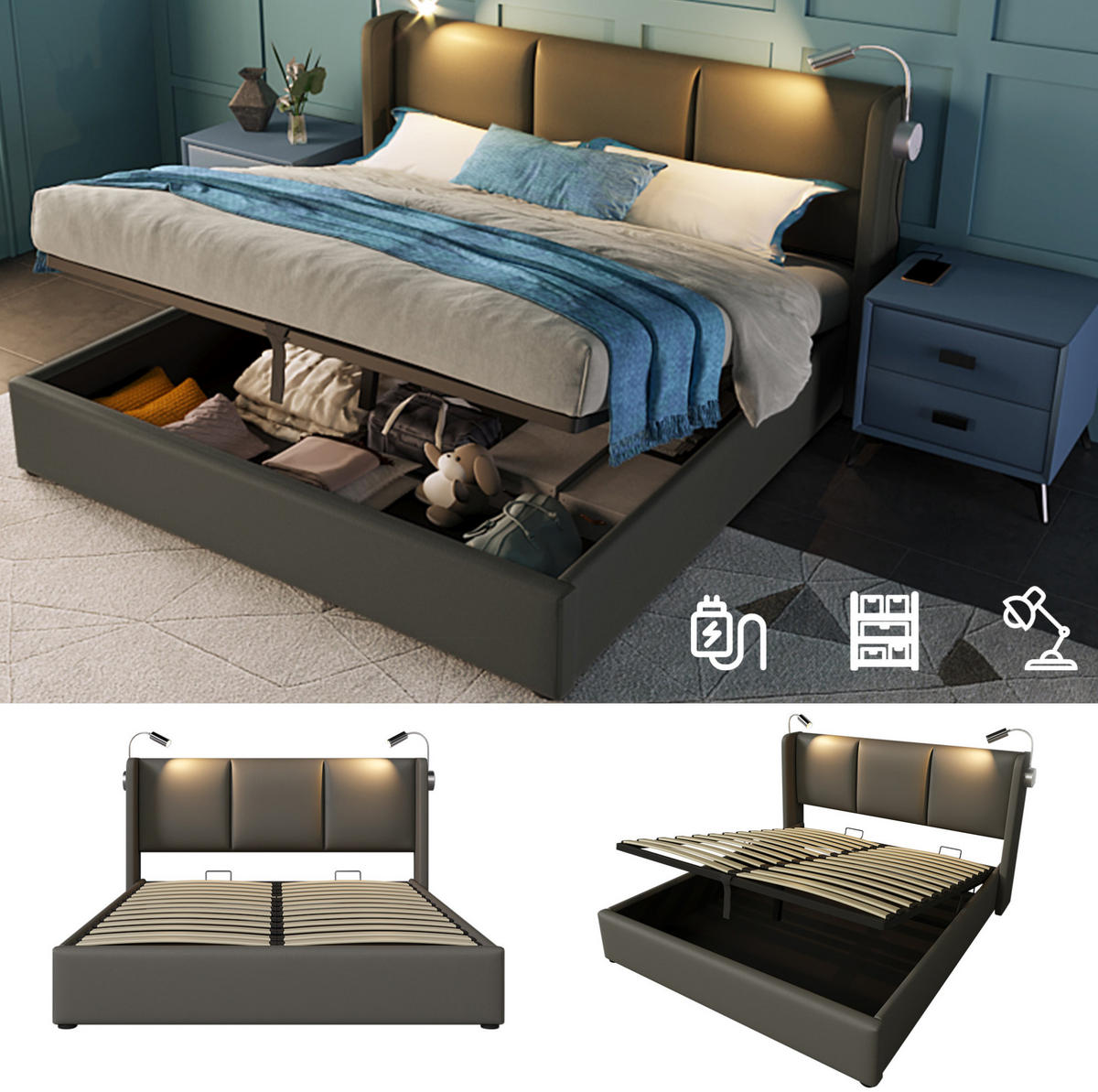 POLSTERBETT 140/200 cm grau aus PU mit Bettkasten - Grau, Kunststoff (140/200cm) - OKMYHOME