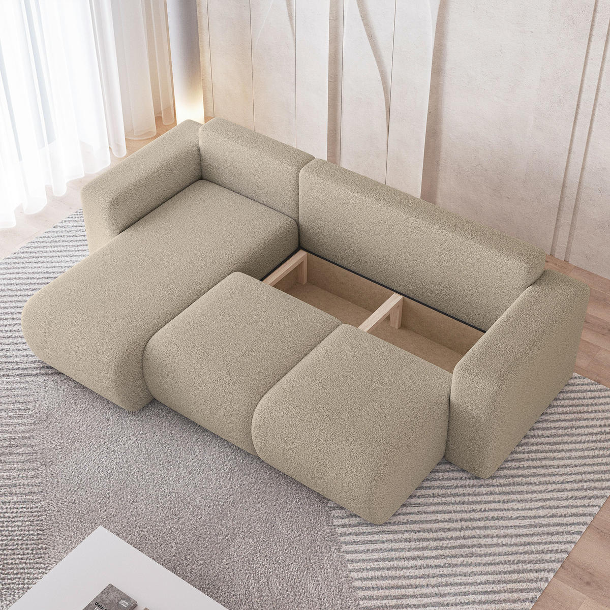 ECKSOFA RINOVA Beige Boucle-Stoff mit Schlaffunktion - Beige, Holz (250/143cm) - MASSENO