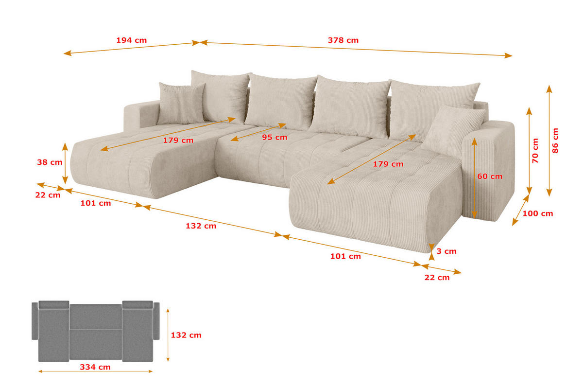 SEDACÍ SOUPRAVA DO U s funkcí spaní a úložným prostorem MILA-U 378x194x86 béžová manšestr - černá/béžová, kompozitní dřevo/textil (378/86/194cm) - ALTDECOR