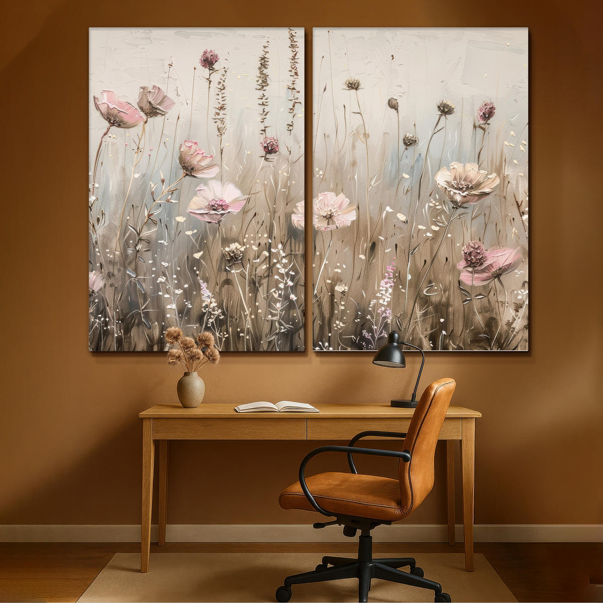 LEINWANDBILD 2er Set Blumen - Beige - Modern - Rosa 240x180 cm - Ecru, Textil (240/180cm) - MuchoWow