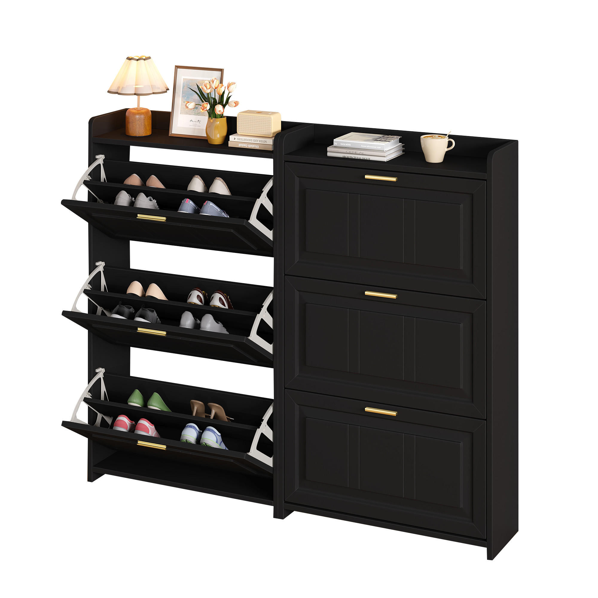 SCHUHSCHRANK aus MDF & Spanplatte 140x24x120cm in Schwarz 2er Set - Schwarz, Holzwerkstoff (140/120/24cm) - Modfu