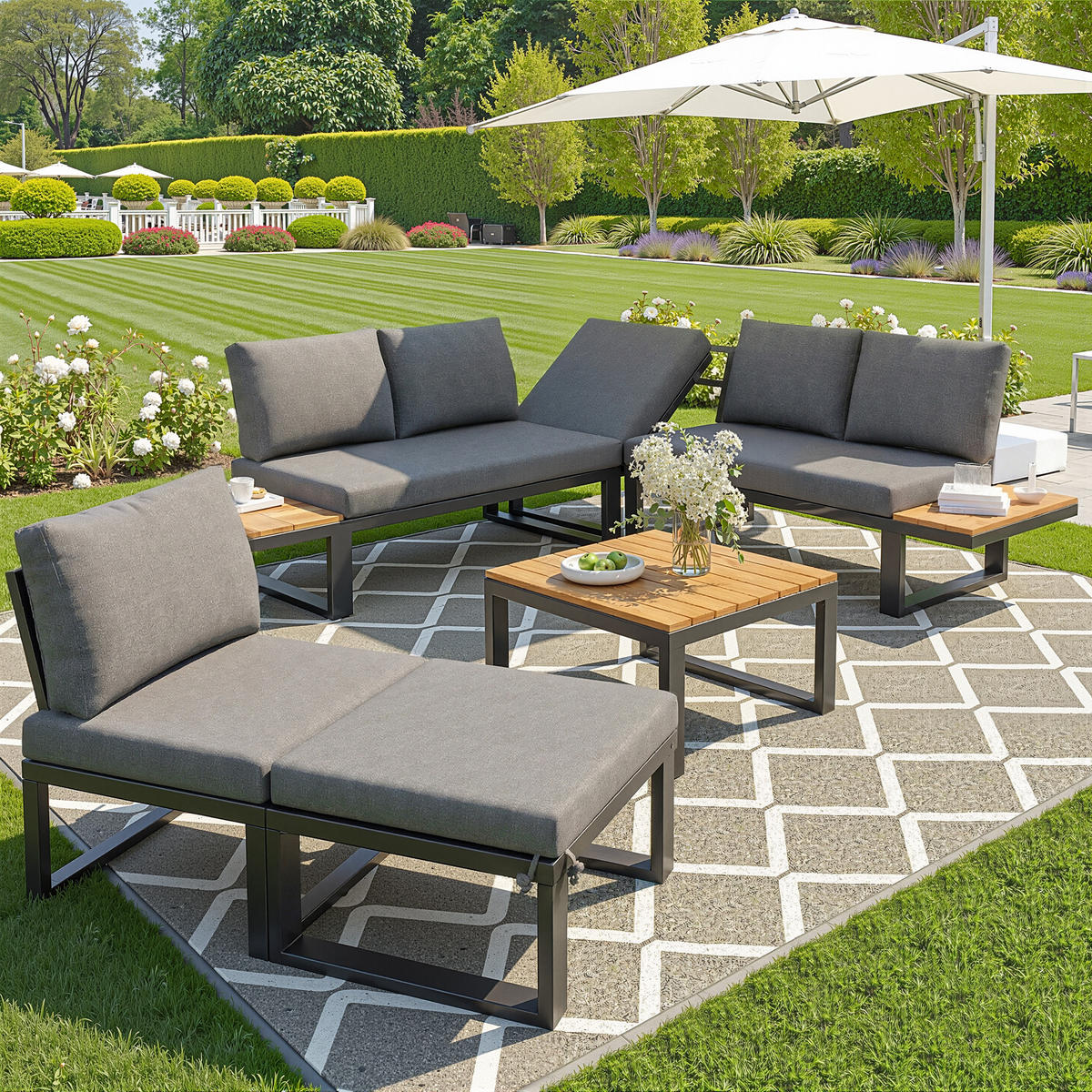 GARTENLOUNGE 6tlg Grau Beige Ecksofa Tisch Hocker verstellbar - Grau, Metall - FLIEKS