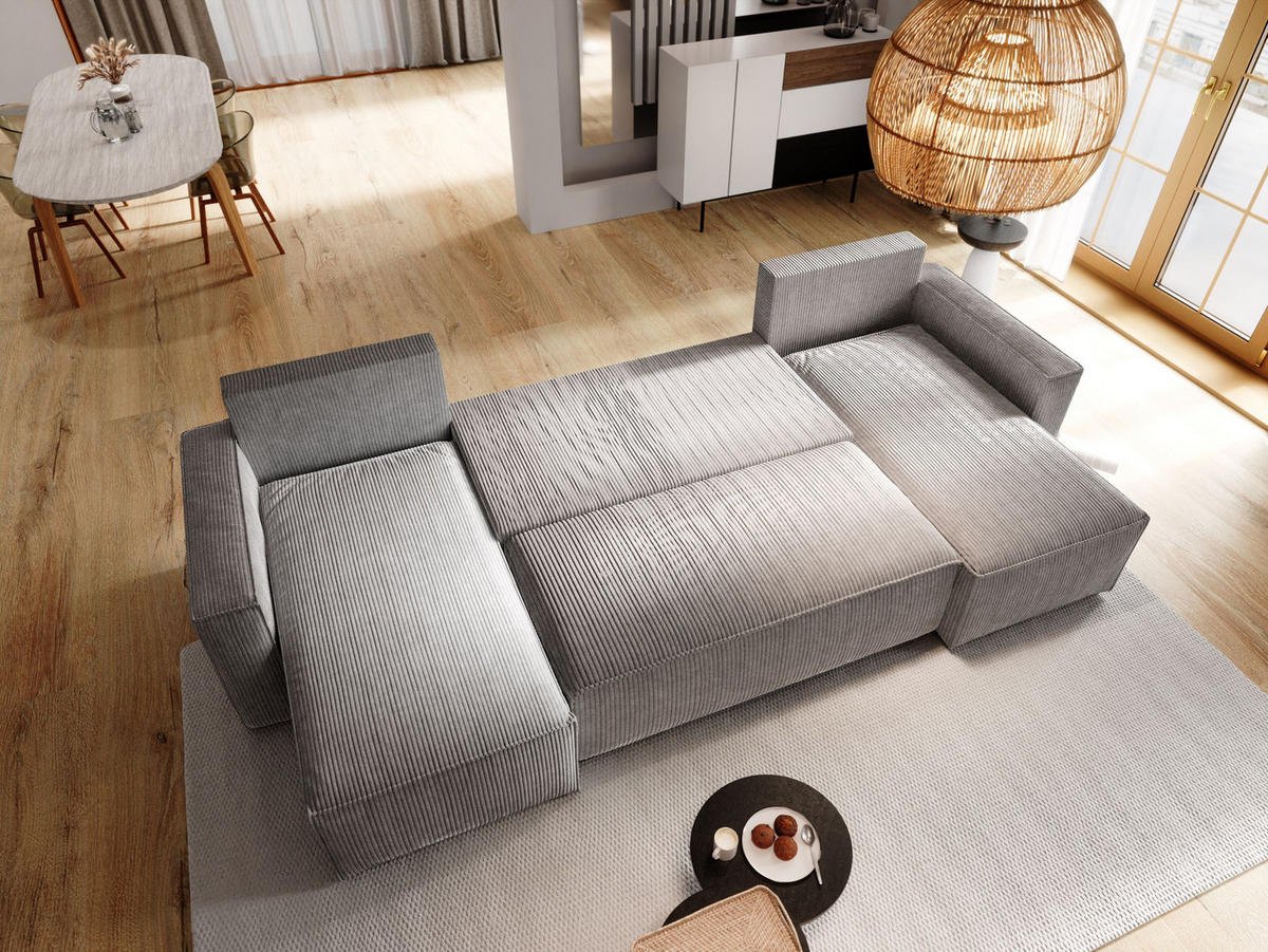 WOHNLANDSCHAFT ASPRA Hellgrau Kordstoff mit Schlaffunktion - Hellgrau, Holz (295/85/140cm) - MASSENO