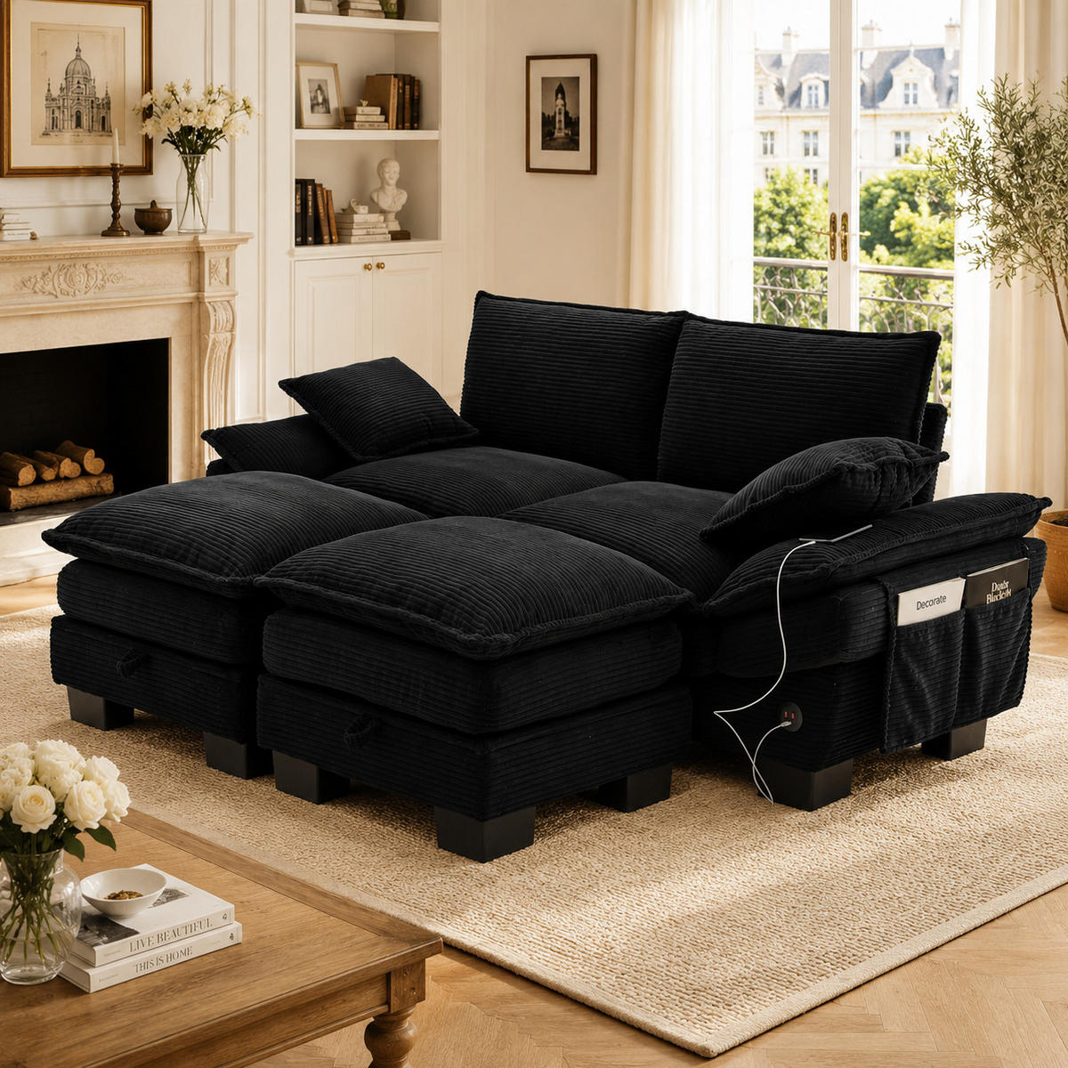 2-SITZER-SOFA DE-33751 modular mit 2 Hockern Schwarz - Schwarz, Metall (190/84/132cm) - ComfortXL