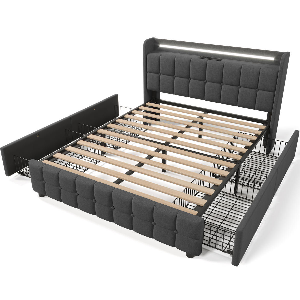 POLSTERBETT 160/200 cm Grau aus Holz mit LED-Beleuchtung - Grau, Holz (160/200cm) - OKMYHOME
