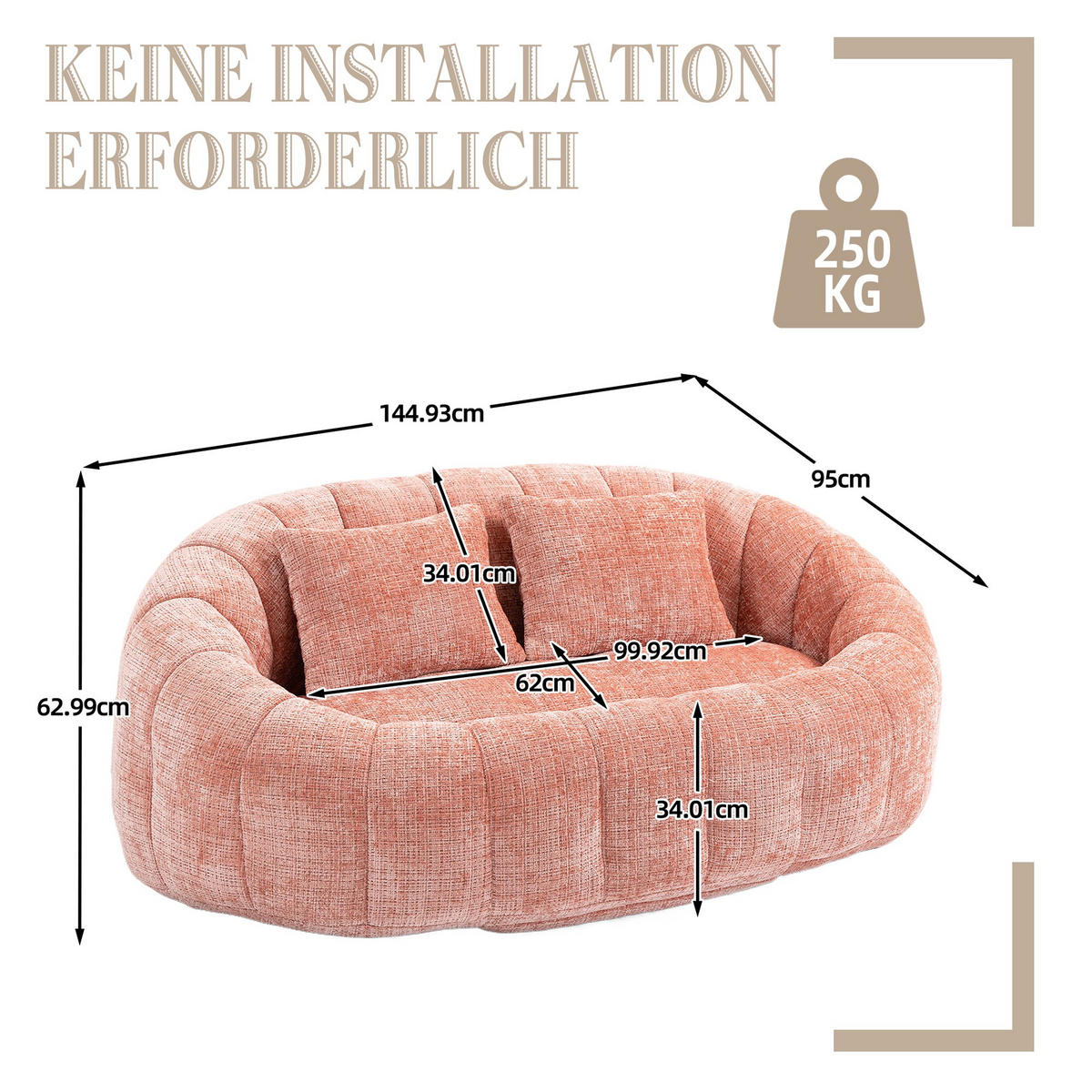 SITZSACK Chenille, Sofa mit 2 Kopfkissen,XXL Lounge-Sofa,Rosa - Rosa, Textil (145/63/95cm) - LVHOM